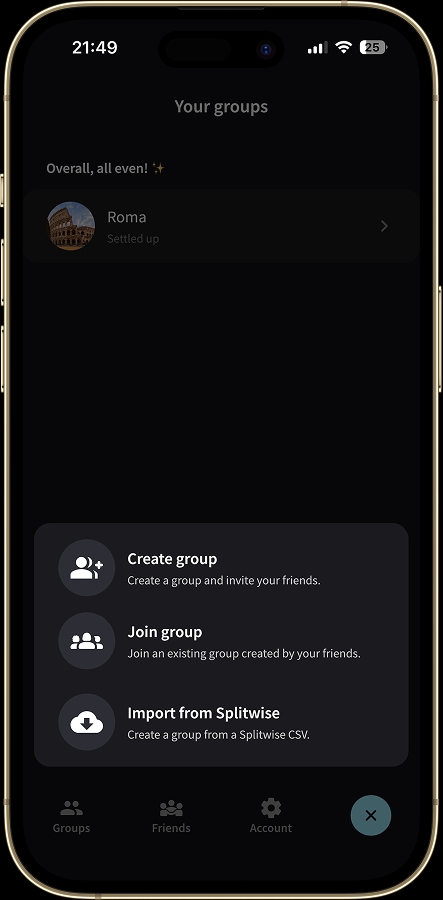 Modal showing the Import from Splitwise button