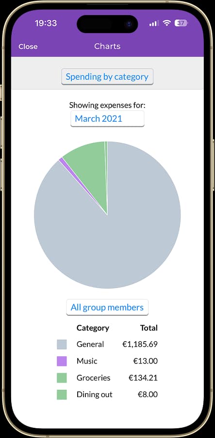 Splitwise statistics showing 88% of expenses in General category