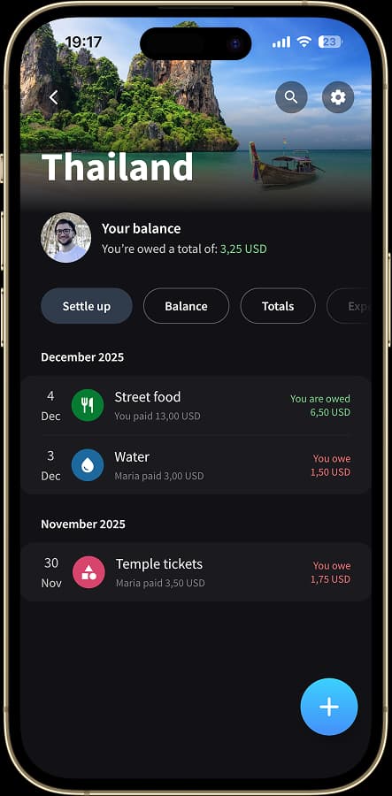 Splital group screen showing synced expense with green category icon