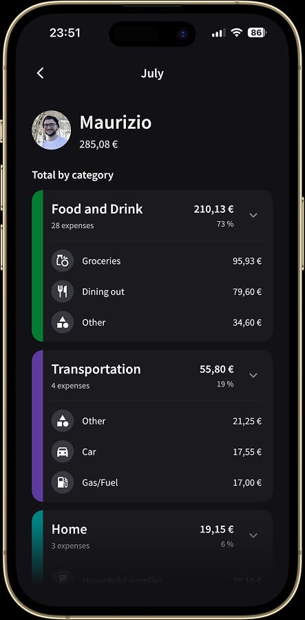 Spending by category and subcategory for a specific person