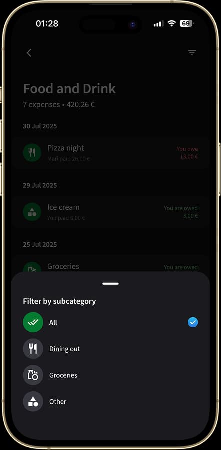 Screen to filter by subcategory