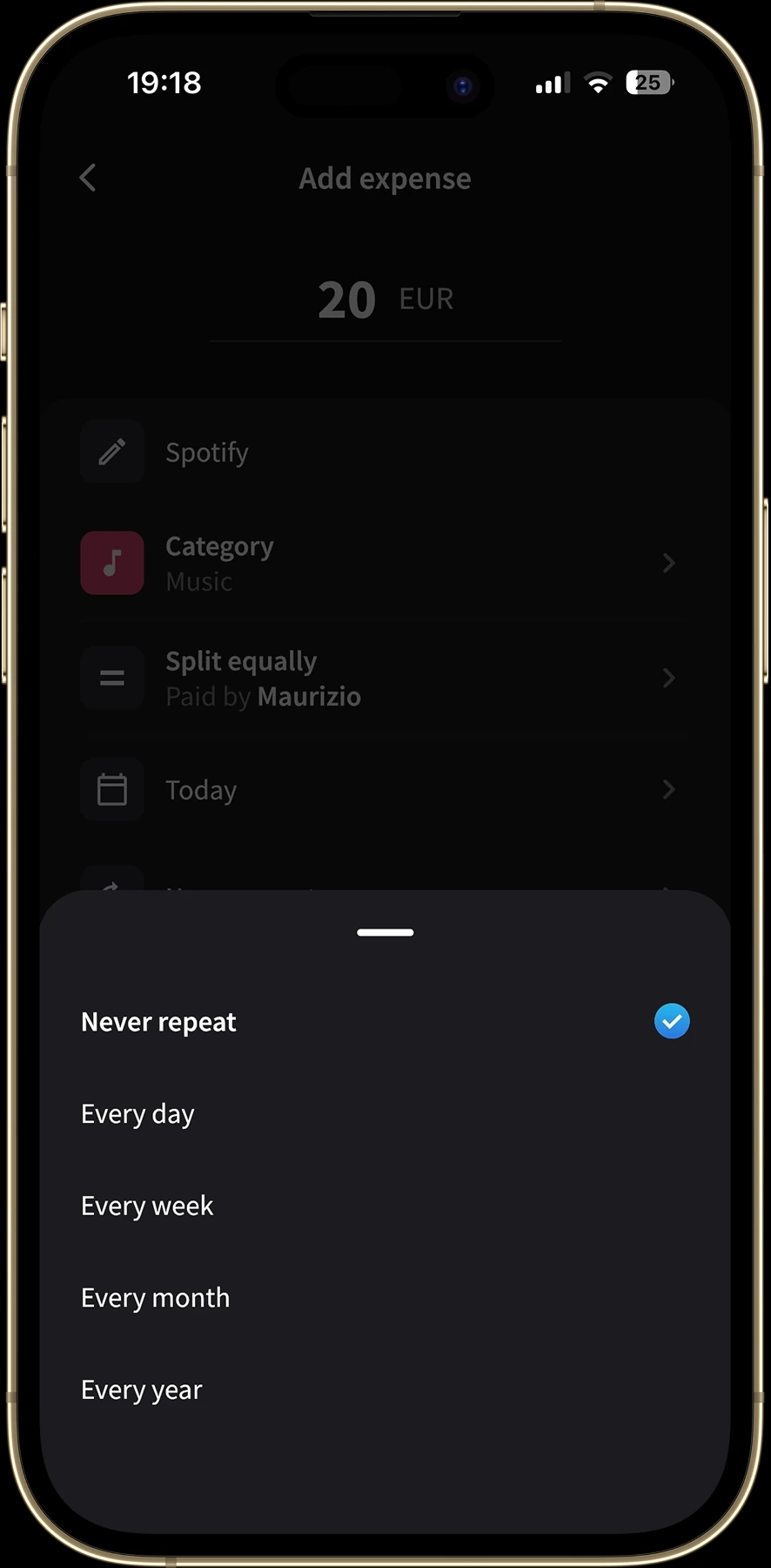 Splital recurrence picker showing Never repeat, Every day, Every week, Every month, and Every year