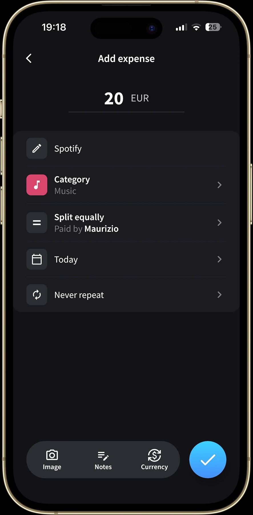 Splital Add expense screen showing the new recurrence row set to Never repeat