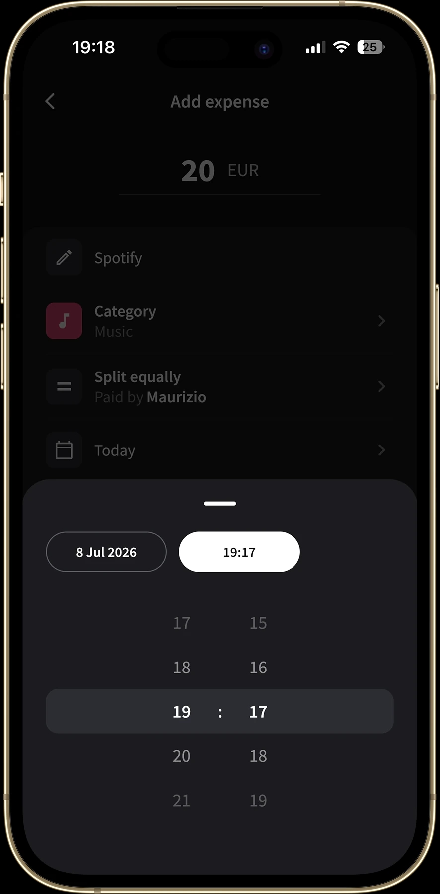 Splital date and time picker for setting when a recurring expense is added