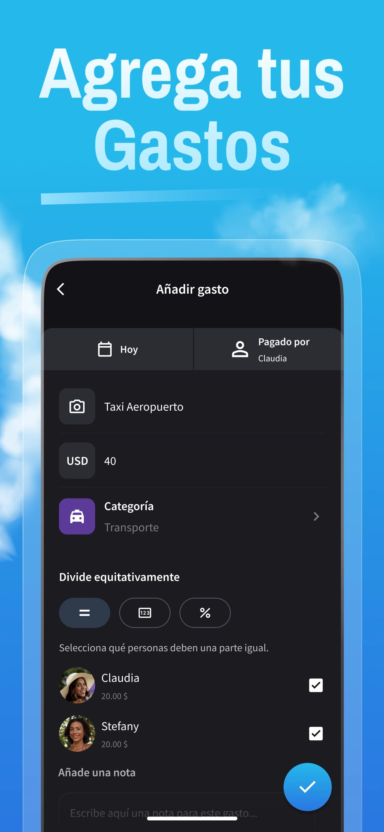 Pantalla para agregar gastos