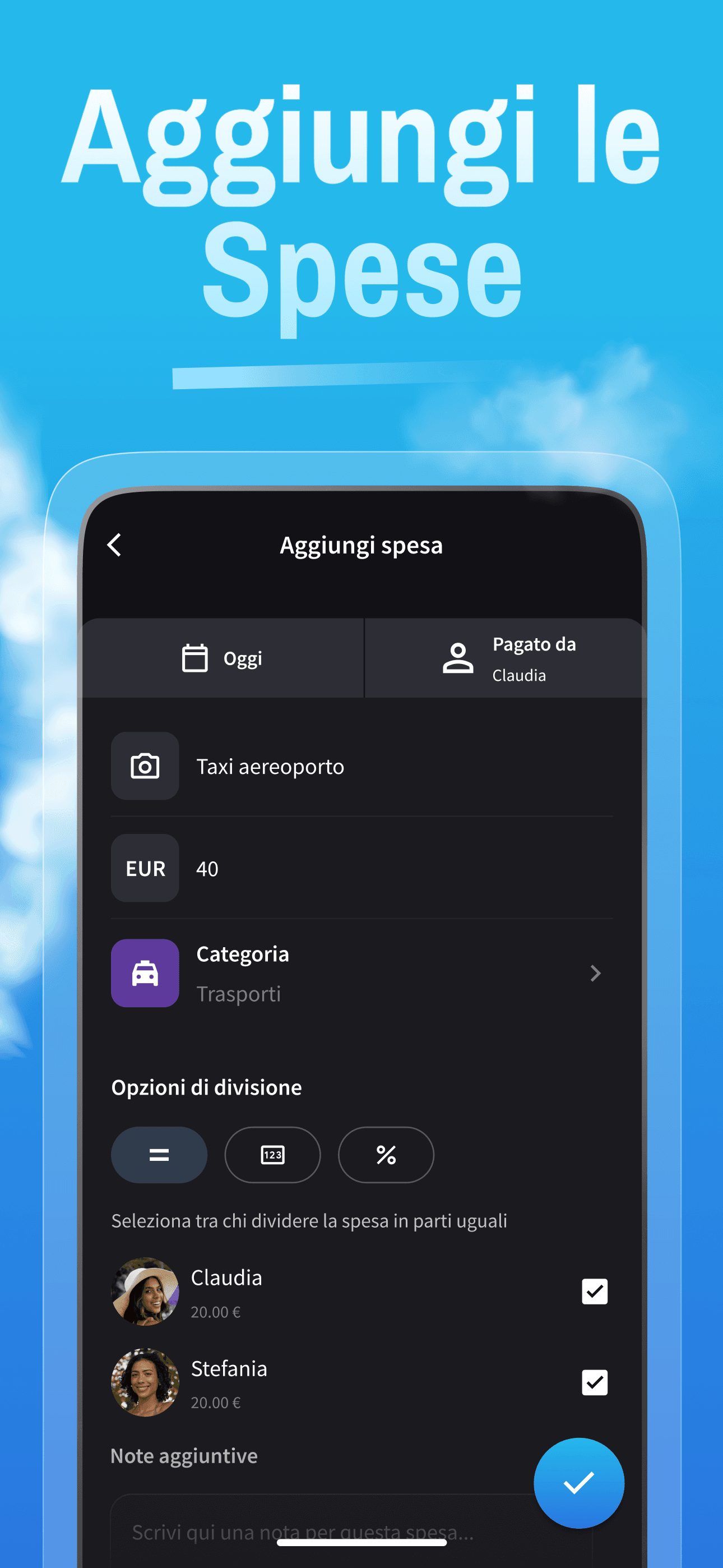 Schermata per aggiungere le spese