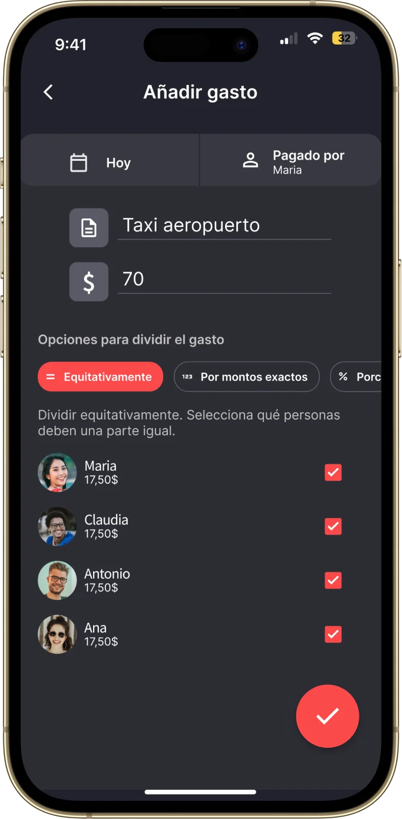 Pantalla de teléfono móvil mostrando Splital, una app para dividir gastos para Android y iPhone. Se muestra la pantalla para añadir un gasto, prellenada con un gasto de un taxi al aeropuerto. La aplicación ofrece opciones para dividir el monto de manera equitativa, por partes o por porcentaje. Los usuarios están listados con su parte del gasto, y hay checkbox para confirmar quién está incluido en la división.