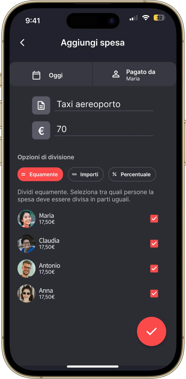 Schermata di smartphone che mostra Splital, un'app per Android e iPhone per la divisione delle spese. È visualizzata la schermata "Aggiungi spesa", che mostra una voce per una spesa di taxi. L'app offre opzioni per dividere l'importo equamente, per importi esatti o per percentuale. Gli utenti sono elencati con la loro quota della spesa e ci sono delle checkbox per selezionare chi è incluso nella divisione.