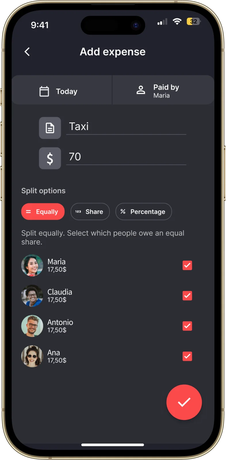 Smartphone screen showing Splital, a mobile application to split expenses. The 'Add expense' screen is displayed, showing an entry for a taxi expense. The app offers options to split the amount equally, by share, or by percentage. Users are listed with their share of the expense, and there are checkboxes to confirm who is included in the split.