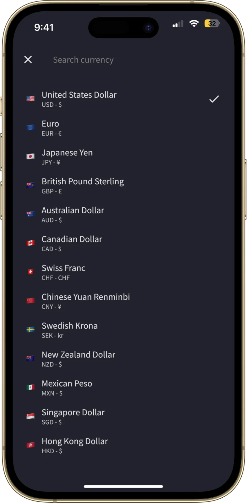 Smartphone screen showing Splital, a mobile application for splitting bills. The 'Currency Selection' screen is displayed, allowing users to choose from a list of over 150 currencies, including the US Dollar, Euro, Japanese Yen, and more. Each currency is listed with its symbol and corresponding country flag.