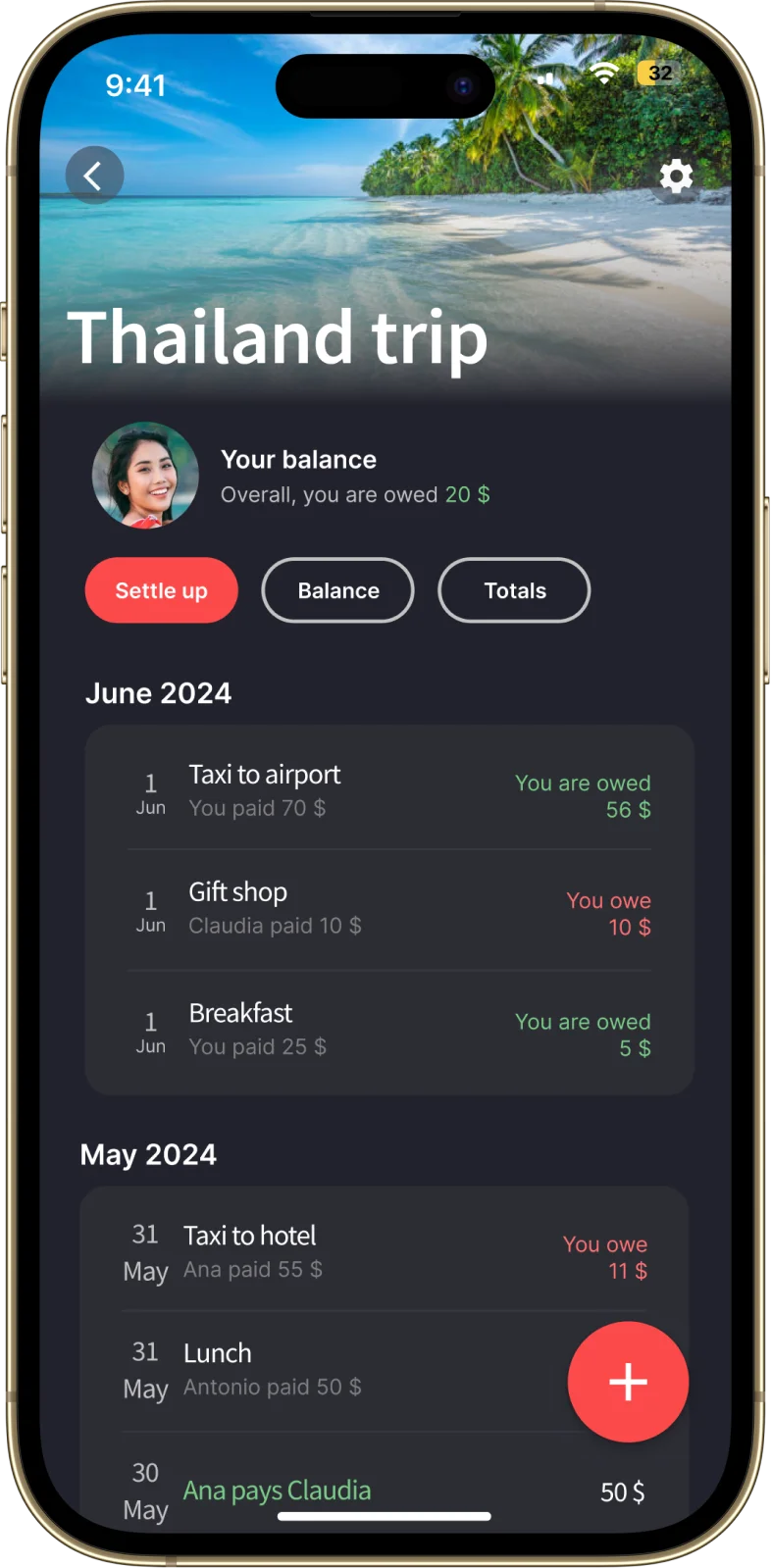 Smartphone screen showing Splital, a mobile application to split bills. Several expenses from a trip to Thailand are displayed, showing how much the user owes or is owed. There are also buttons to add new expenses, settle up, check the balance, or view reports on the expenses.