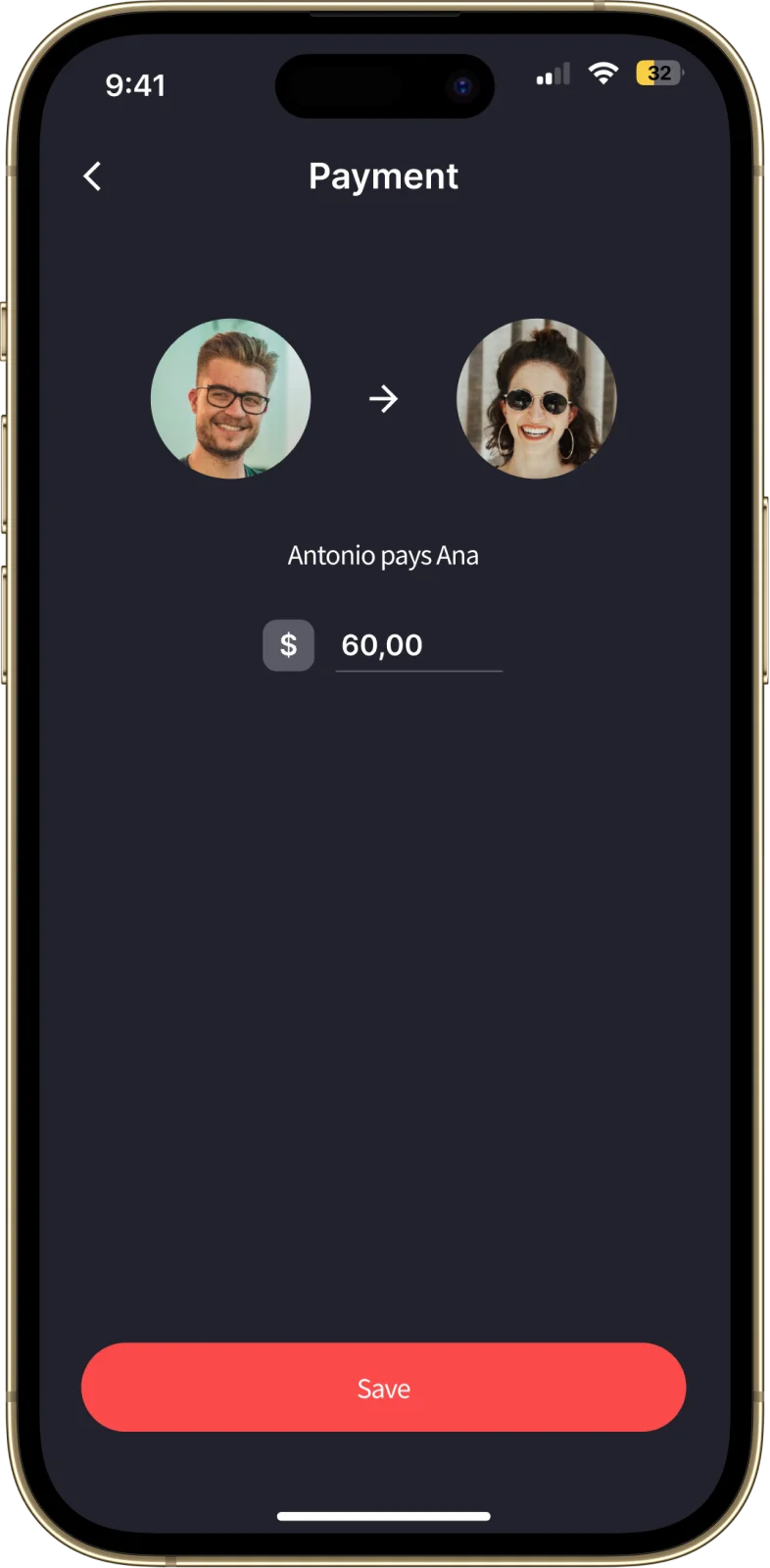 Smartphone screen showing Splital, a mobile application for splitting bills. The 'Payment' screen displays a transaction where one user pays another a specified amount. There is a visual representation of the payment with profile pictures of both users, the amount to be paid, and a 'Save' button to confirm the transaction.